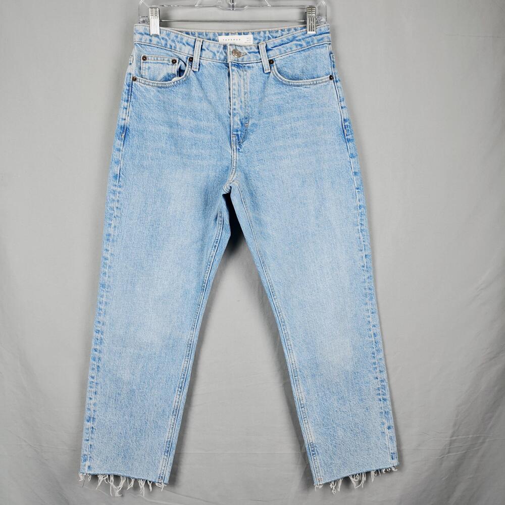 Topshop Straight Jeans Womens W28 L30 Light Wash High Rise Raw Hem Denim